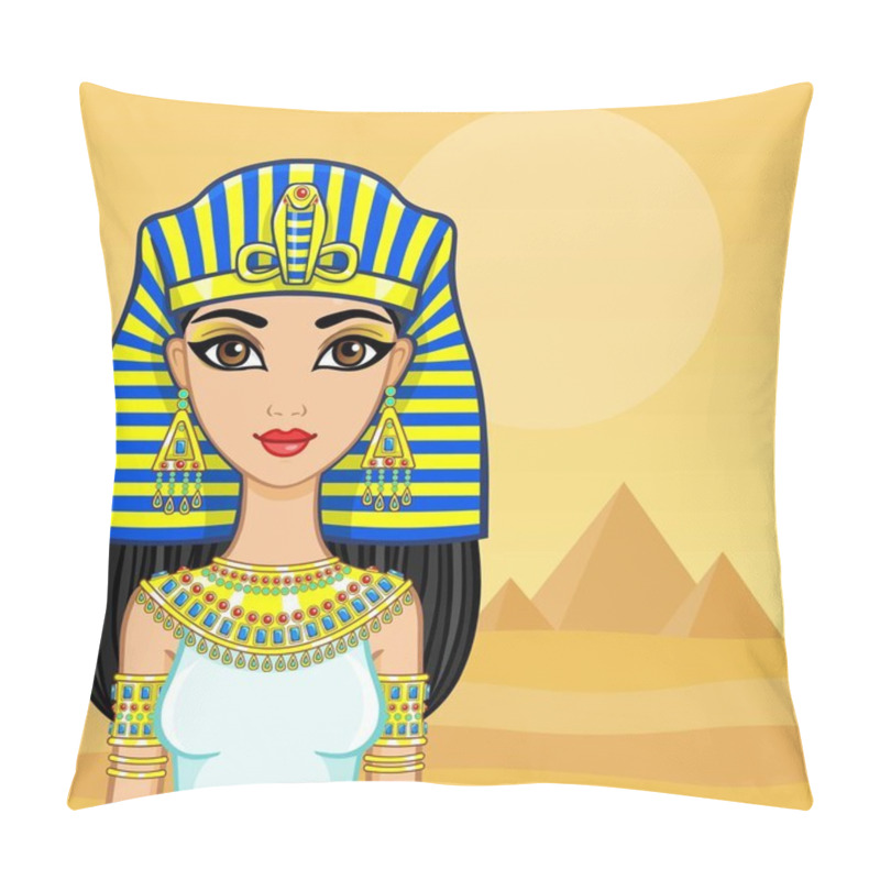 Personality  Animation Portrait Of The Egyptian Queen. A Background - A Landscape The Desert, Pyramids. The Place For The Text. Pillow Covers