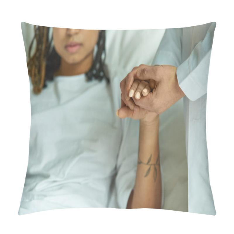 Personality  Cropped, Doctor Holding Hand Of African American Woman In Hospital Gown, Private Ward, Miscarriage Pillow Covers