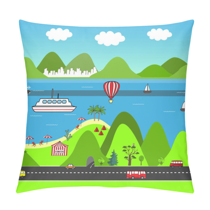 Personality  Cartoon Vector Map. Flat Design Nature Scene. Sea Landscape With Mountains, Beach, And Road. Pillow Covers