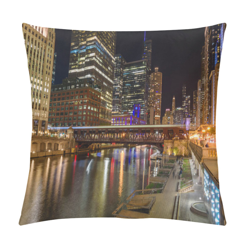 Personality  Nigh View Of Chicago Downtown And River. Light Trail Left By A Passing Train Are Visible On The Bridge In Foreground. Pillow Covers