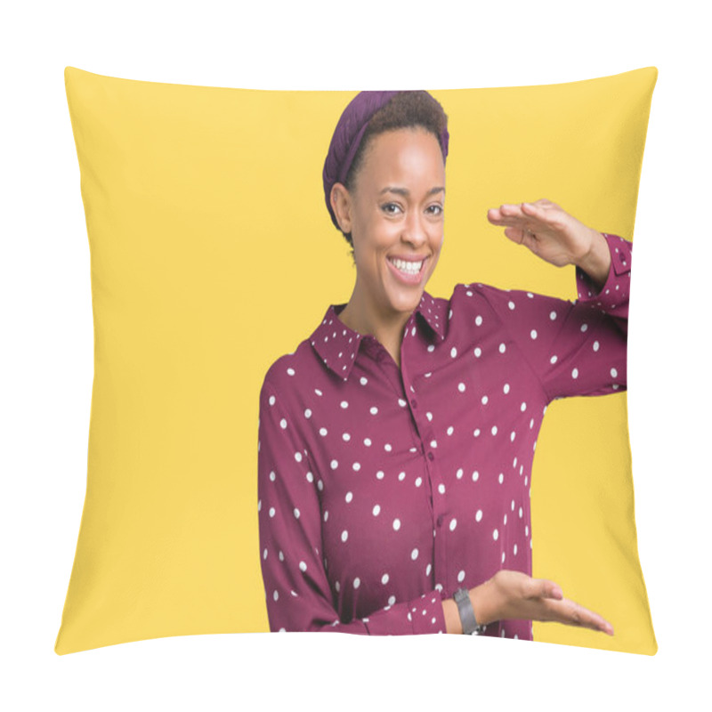 Personality  Beautiful Young African American Woman Wearing Head Scarf Over Isolated Background Gesturing With Hands Showing Big And Large Size Sign, Measure Symbol. Smiling Looking At The Camera. Measuring Concept. Pillow Covers