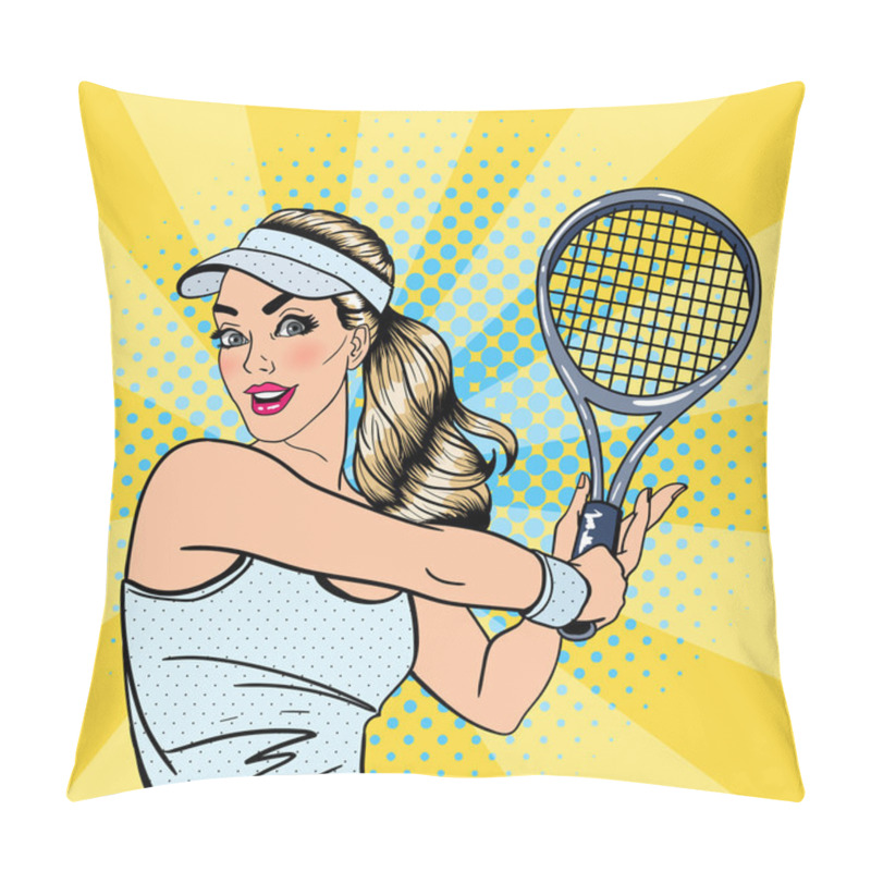 Personality  Woman Playing Tennis. Sportswoman With Racket. Healthy Lifestyle. Pop Art. Vector Illustration Pillow Covers