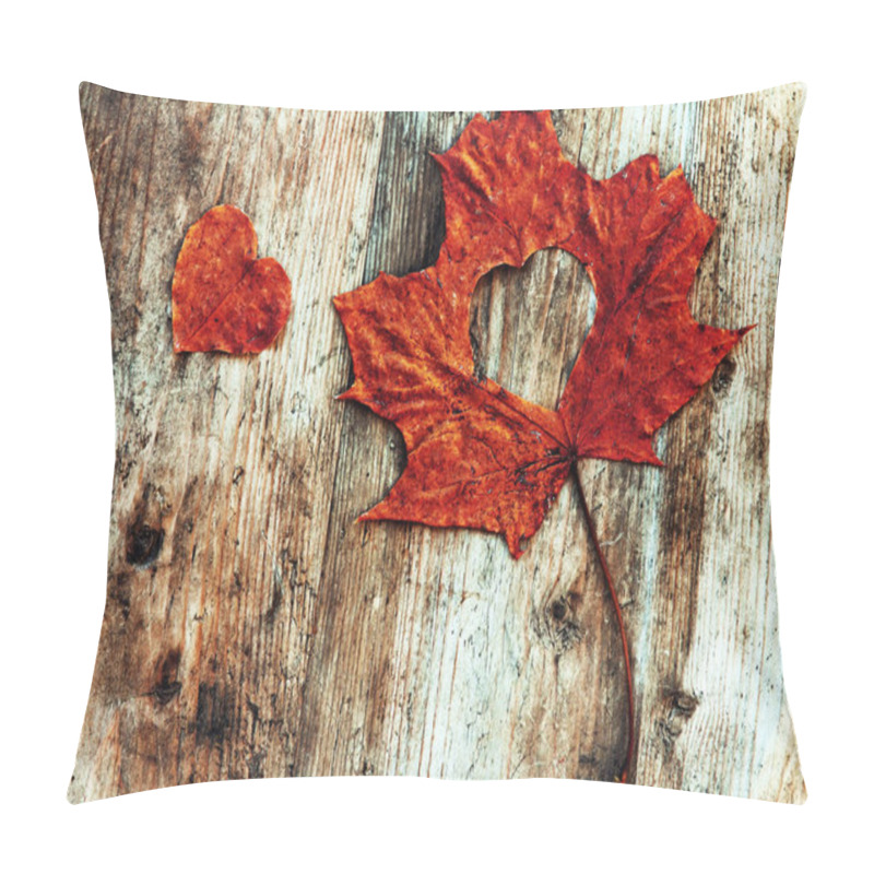 Personality  A Red Leaf With A Cut-out Heart On A Wooden Background Pillow Covers