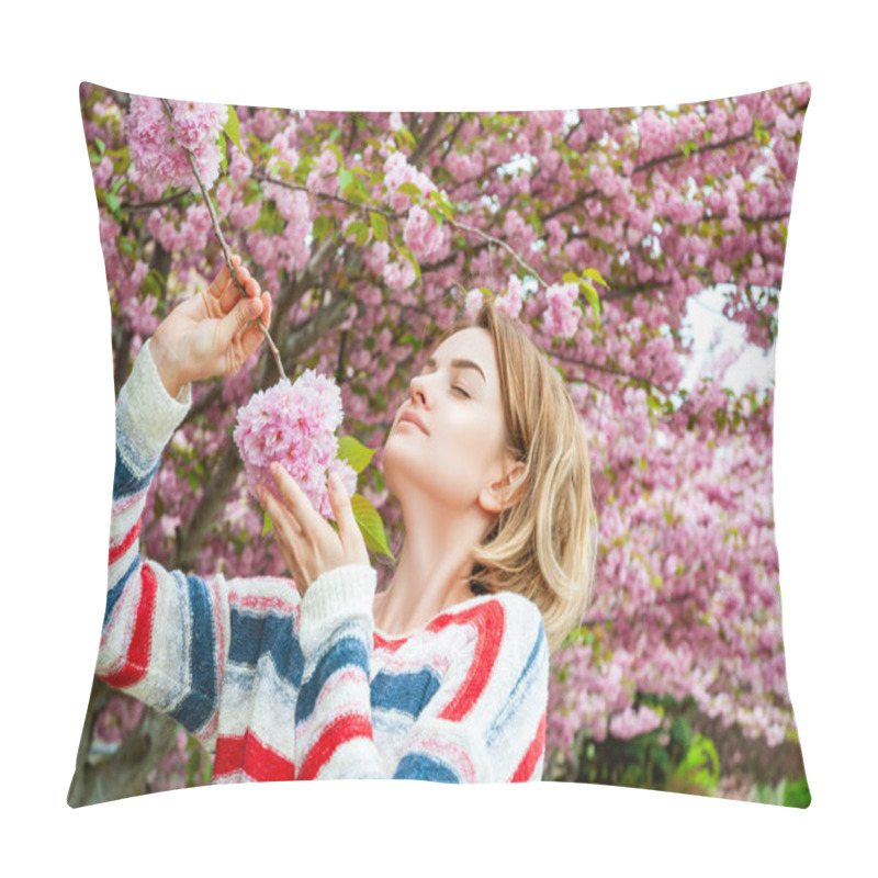 Personality  Spring Allergy.  Beautiful Woman Enjoying Nature Blooming Tree.  Pillow Covers