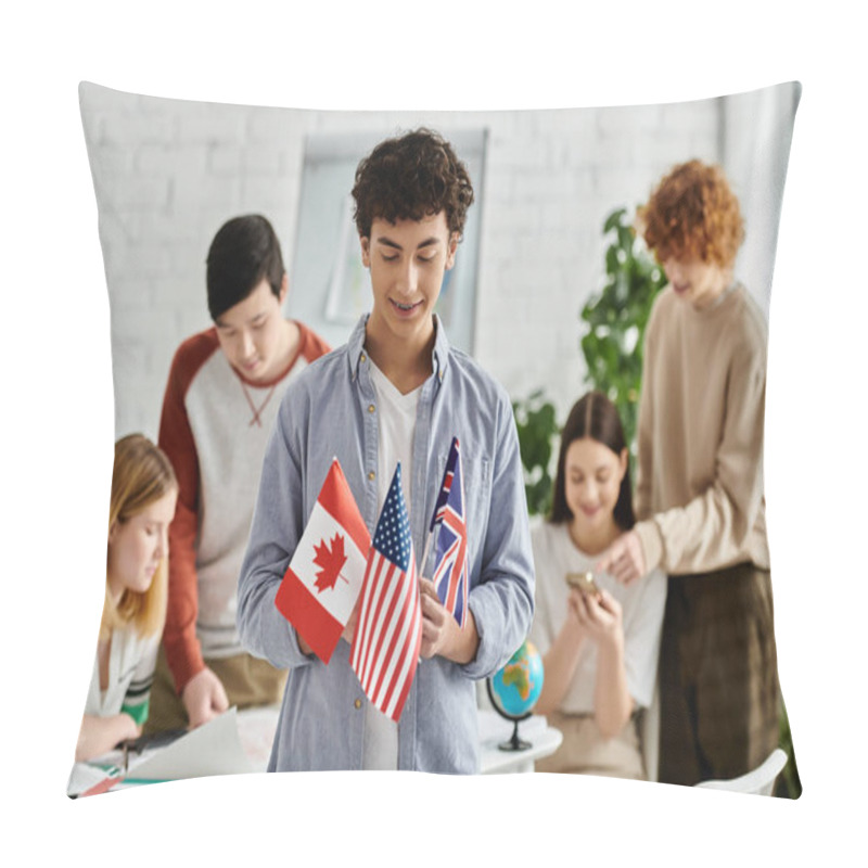 Personality  Teen Holds Flags Of Canada, US, UK At UN Model Conference. Pillow Covers