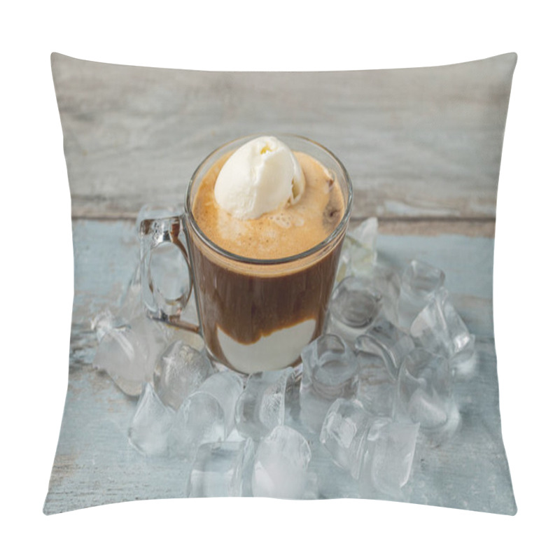 Personality  Affogato Coffee With Vanilla Ice Cream In A Glass Cup On Wooden Table Pillow Covers