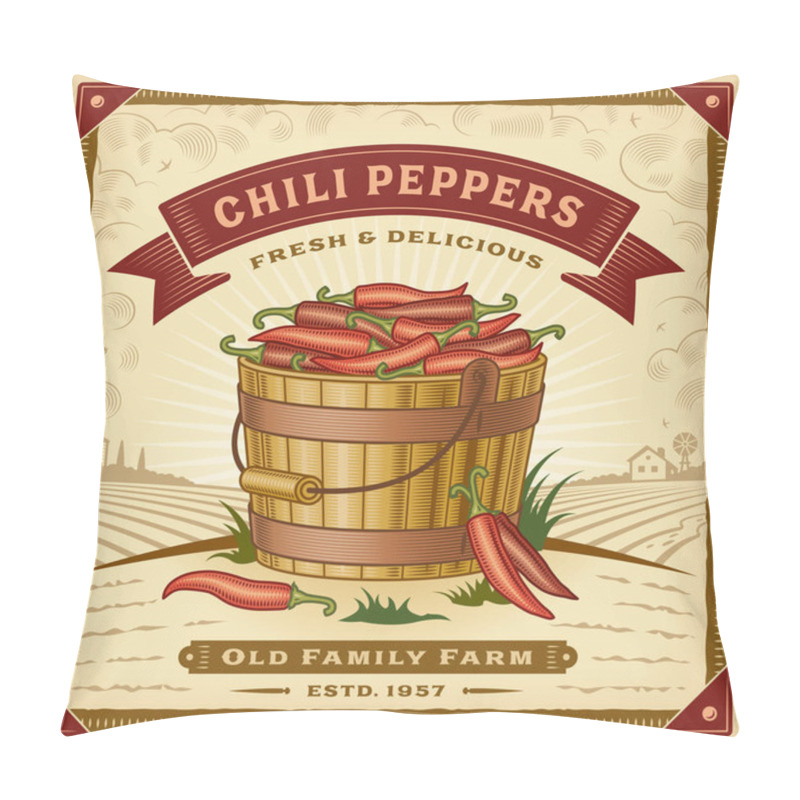 Personality  Retro Chili Pepper Harvest Label With Landscape. Editable EPS10 Vector Illustration In Woodcut Style With Clipping Mask And Transparency. Pillow Covers