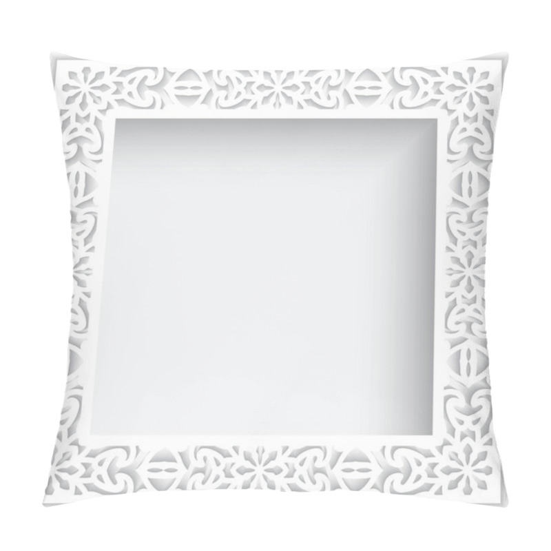 Personality  Square White Frame With Ornate Border Pattern, Cutout Paper Swirls Ornament, Template For Laser Cutting, Elegant Lace Decoration For Wedding Invitation Card Design With Place For Text Pillow Covers