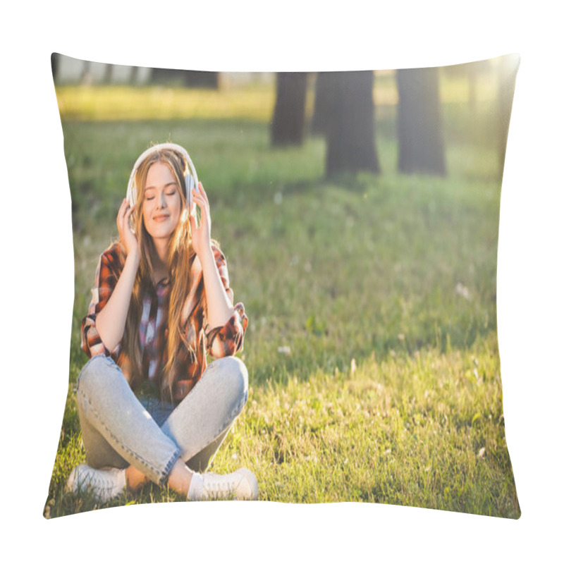 Personality  Full Length View Of Beautiful Girl In Casual Clothes Sitting With Crossed Legs On Meadow In Sunlight And Listening To Music On Headphones Pillow Covers