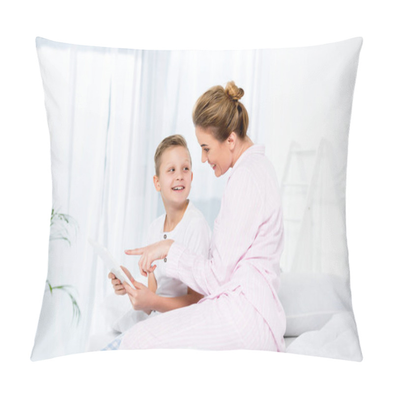 Personality  Mother And Son Using Tablet Together In Bed In Morning Pillow Covers