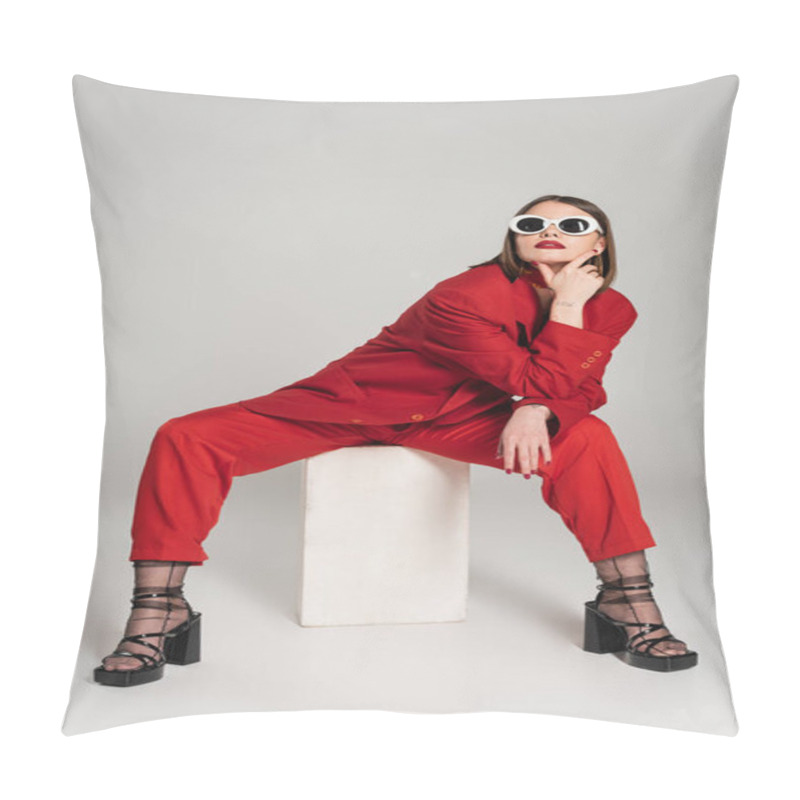 Personality  Generation Z, Fashion Model With Brunette Short Hair And Nose Piercing Posing In Sunglasses And Red Suit While Sitting On Concrete Cube On Grey Background, Lady In Red, Young Woman  Pillow Covers