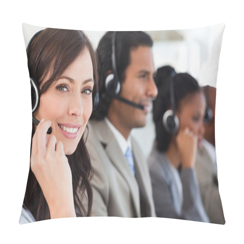 Personality  Smiling Employee Working With A Headset While Looking At The Cam Pillow Covers