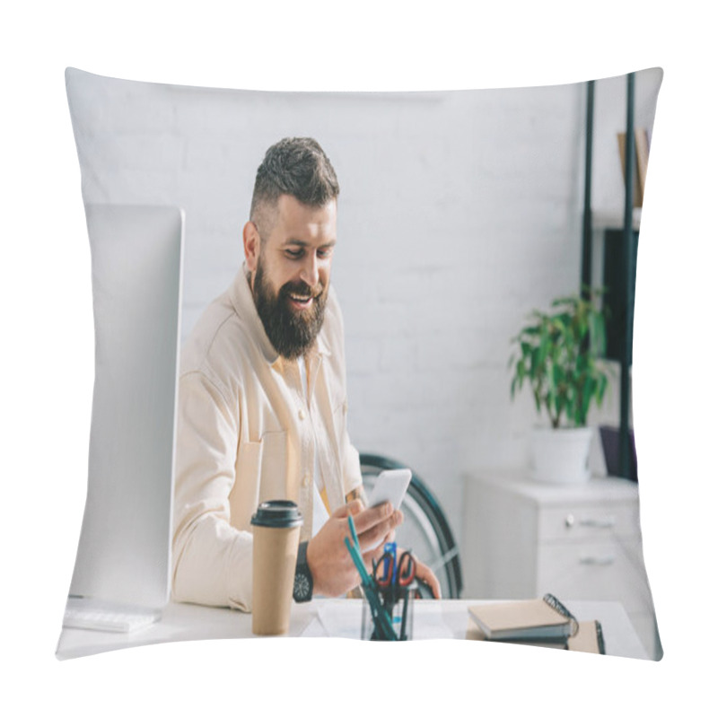 Personality  Laughing Businessman Sitting In Office And Looking At Smartphone Pillow Covers