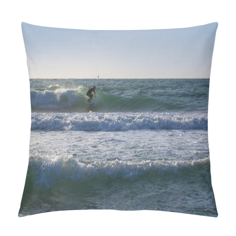 Personality  Young Man Surfing The Wind In Splashes Of Water. Beautiful Sea Landscape. Sea Waves. Pillow Covers