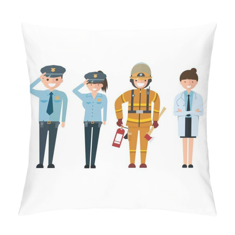 Personality  Police Firefighter And Doctor In Cartoon Style Isolated On White Background. Pillow Covers