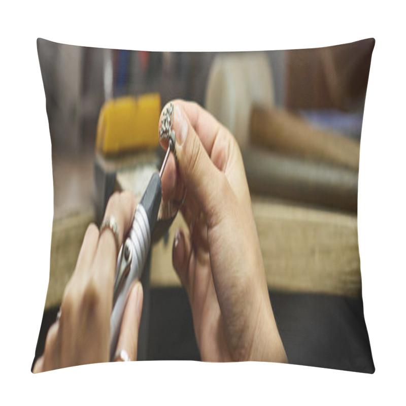 Personality  The Artisan Focuses Intently While Creating Beautiful Jewelry, Hands Working Expertly With Tools. Pillow Covers