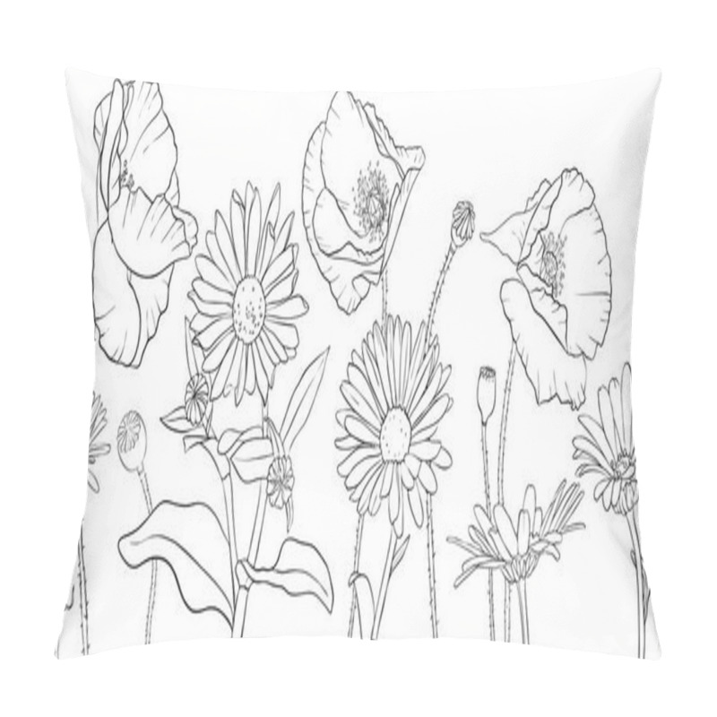 Personality  Vector Drawing Poppies And Daisy Flowers Pillow Covers