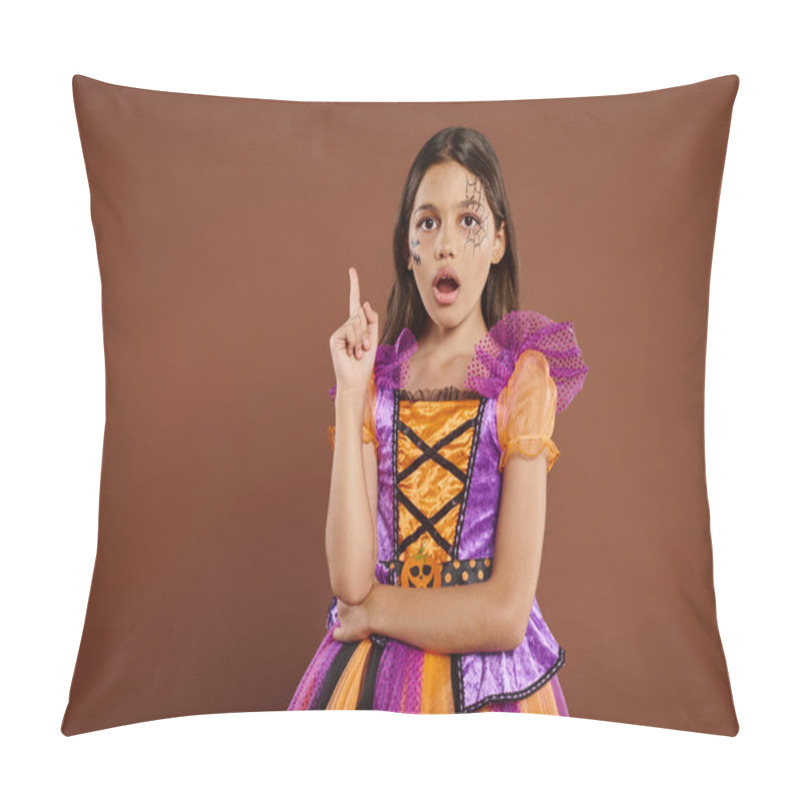 Personality  Amazed Girl In Halloween Costume With Spiderweb Makeup Having Idea, Pointing Up On Brown Backdrop Pillow Covers