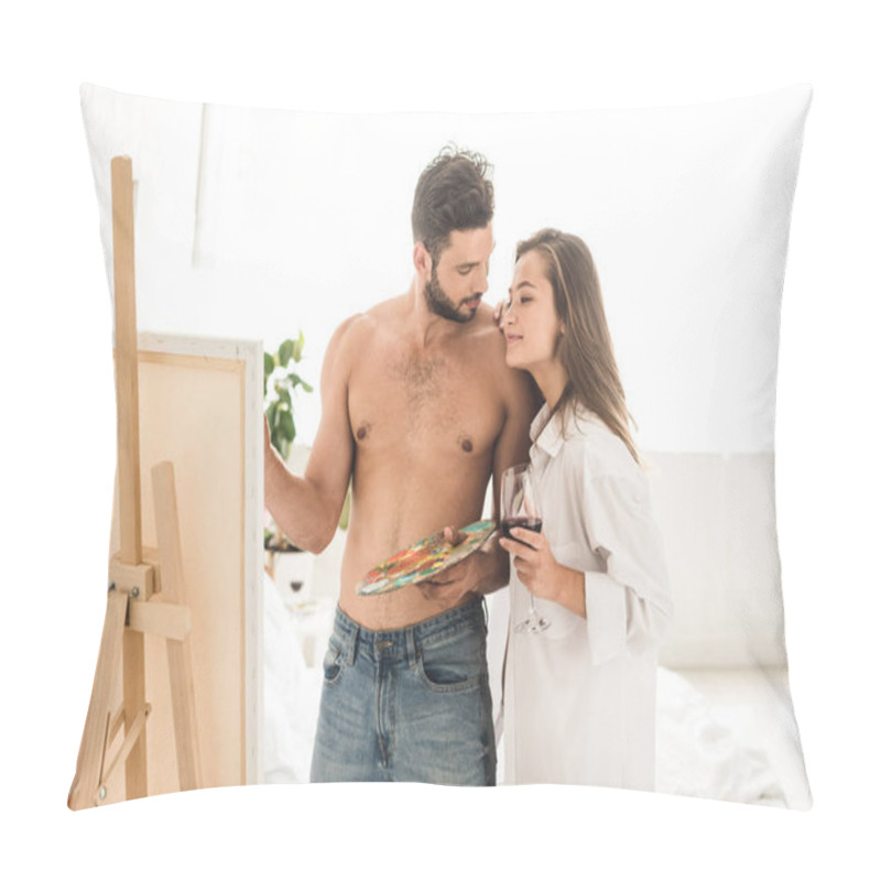 Personality  Sexy Man Drawing While Girl Holding Near Boyfriend And Holding Glass With Wine Pillow Covers