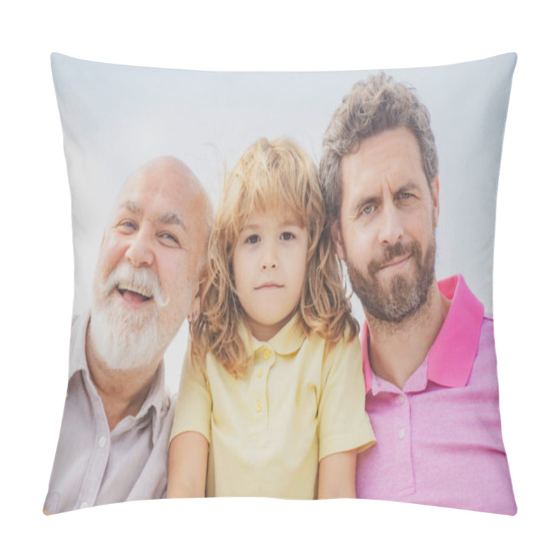 Personality  Boy Son With Father And Grandfather, Outdoor Close Up Portrait. Fathers Day. Men In Different Ages. Pillow Covers