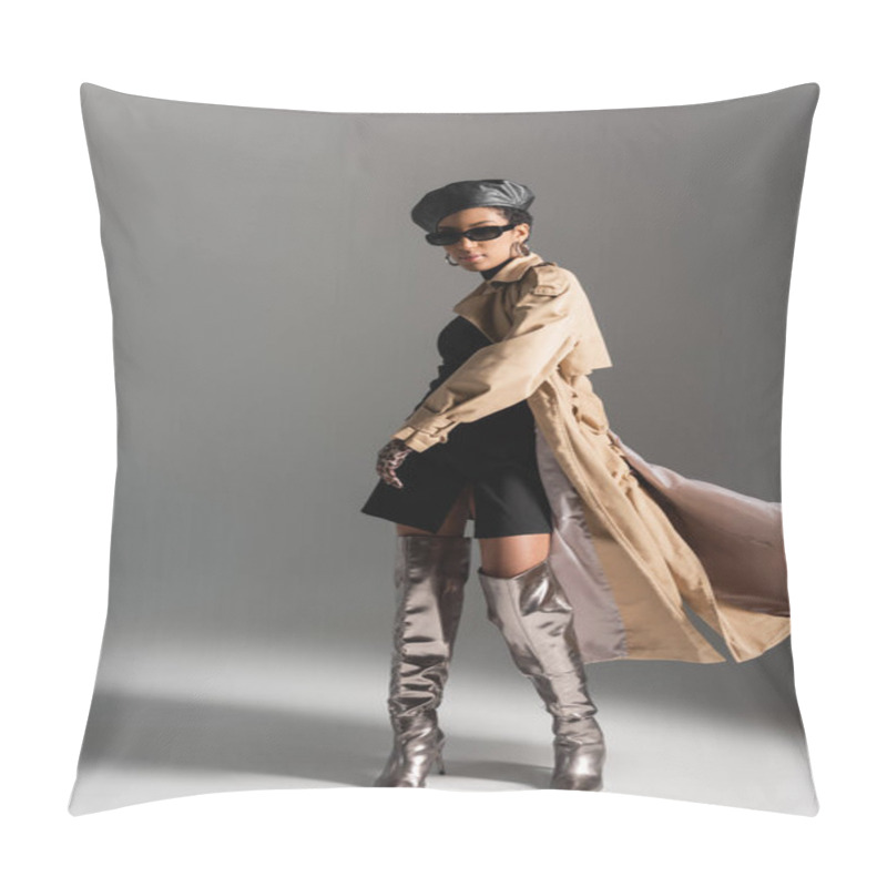 Personality  Full Length Of Fashionable African American Woman In Sunglasses And Trench Coat On Grey Background Pillow Covers