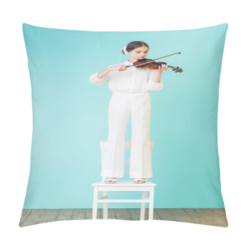 Personality  Teen Girl In White Outfit Playing Violin And Standing On Chair, On Turquoise Pillow Covers