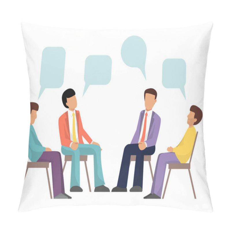 Personality  Group Therapy Concept. Psychotherapy In Groups Design Vector Illustration. Men Characters Are Sitting In A Circle And Talking About Problems With Speech Bubbles Pillow Covers