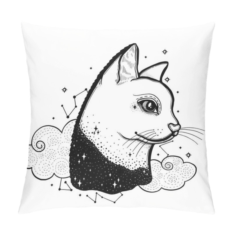 Personality  Sketch Graphic Illustration Cat With Mystic And Occult Hand Drawn Symbols. Vector Illustration. Astrological And Esoteric Concept. Vintage Hands With Old Fashion Tattoos. Black And White Pillow Covers