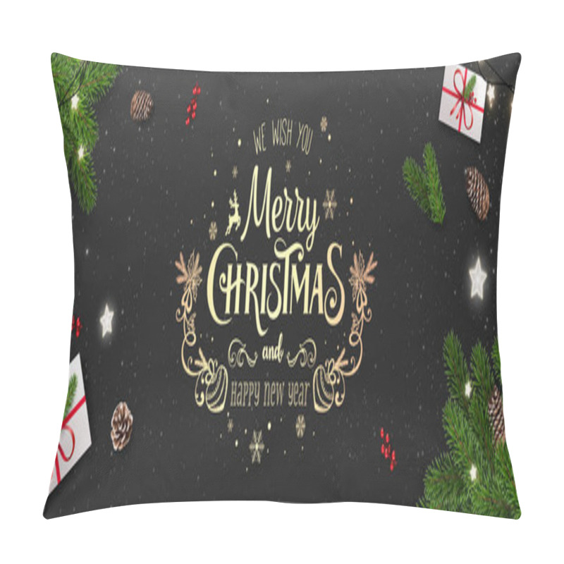 Personality  Gold Merry Christmas Typographical On Black Background With Tree Branches, Berries, Gift Boxes, Stars, Pine Cones. Xmas And New Year Theme. Vector Illustration Pillow Covers