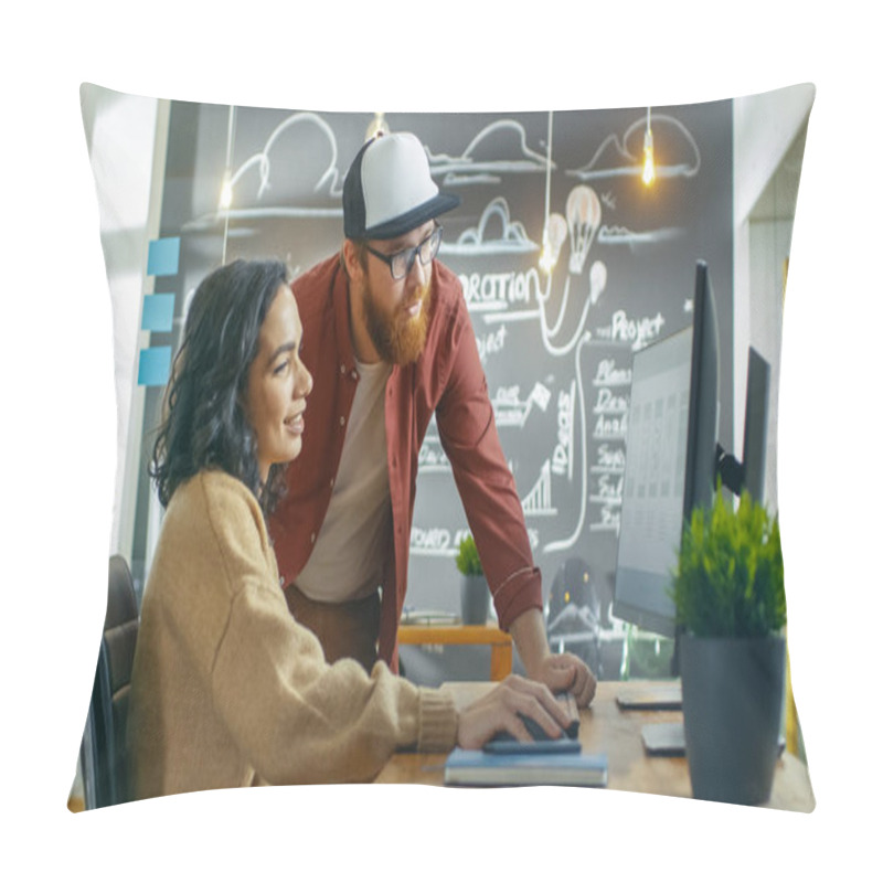 Personality  At The Desk Beautiful Woman Developer Talks With Programer, Together They Design New Mobile Game/ Application. They Work In The Stylish Indie Creative Studio. Pillow Covers