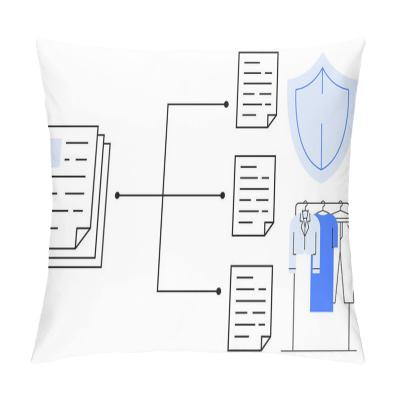 Personality  Papers Connected By Lines To Documents, Clothes On Hangers, And A Shield. Ideal For Security, Organization, Workflow Optimization, Inventory Management, Protection, Data Management Task Delegation Pillow Covers