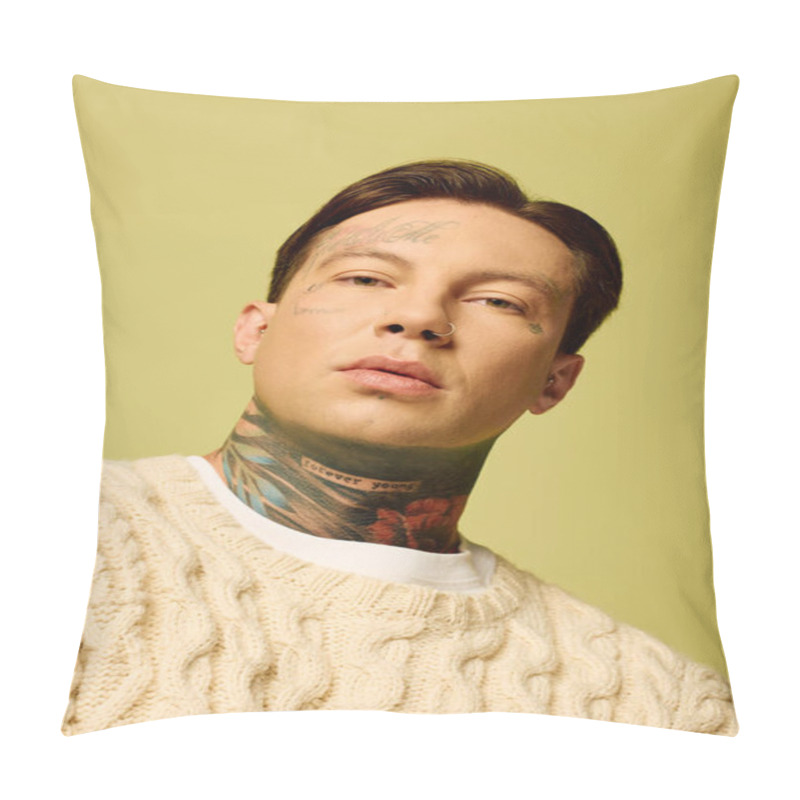 Personality  This Young Man Showcases His Intricate Tattoos While Exuding A Sense Of Style And Confidence. Pillow Covers