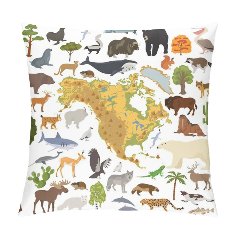 Personality  North America Flora And Fauna Map, Flat Elements. Animals, Birds Pillow Covers