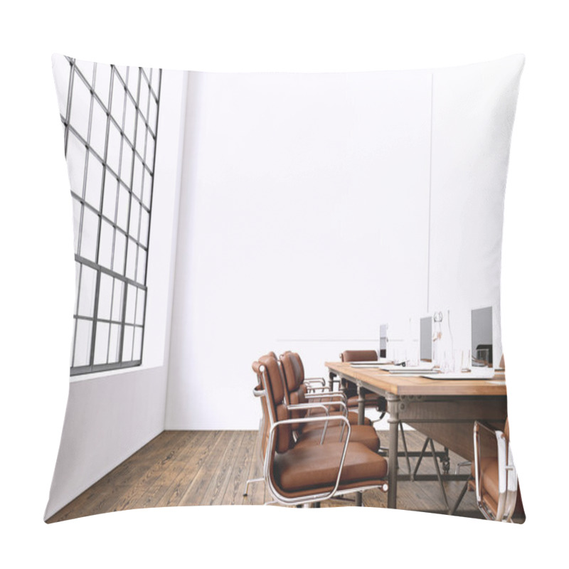 Personality  Interior Modern Meeting Room With Panoramic Windows.Blank White Canvas On Wall.Generic Design Armchair And Laptops In Contemporary Conference Rom.Horizontal Mockup. 3D Rendering Pillow Covers