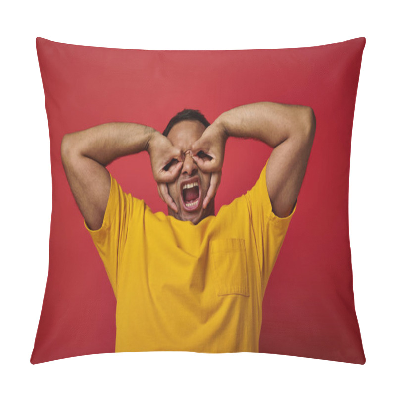 Personality  Emotional Indian Man In Yellow T-shirt Screaming And Gesturing On Red Backdrop, Expressive Face Pillow Covers