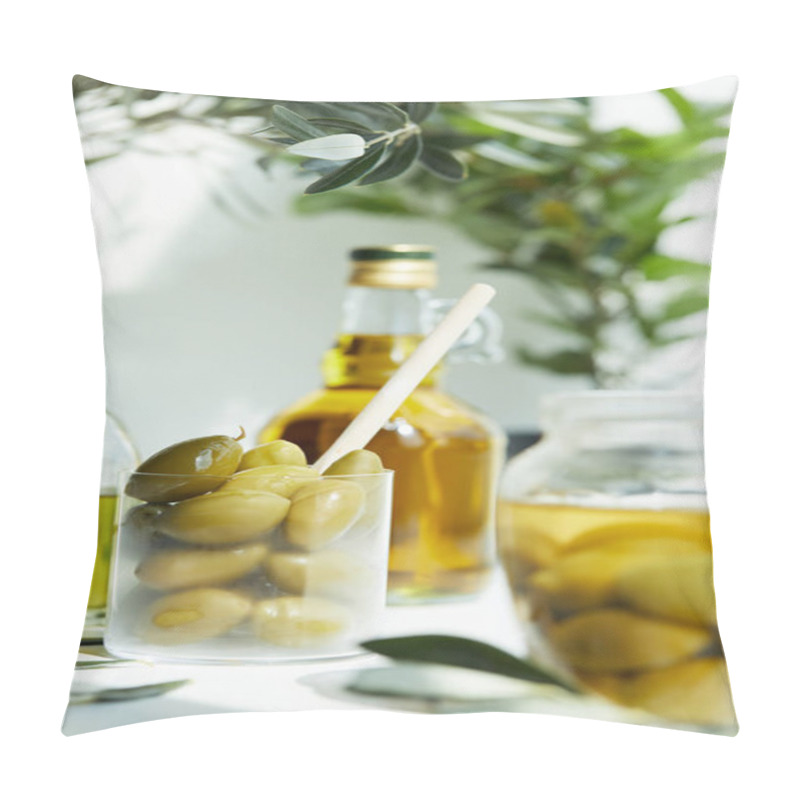 Personality  Glass With Spoon And Green Olives, Jar, Various Bottles Of Aromatic Olive Oil With And Branches On White Table Pillow Covers