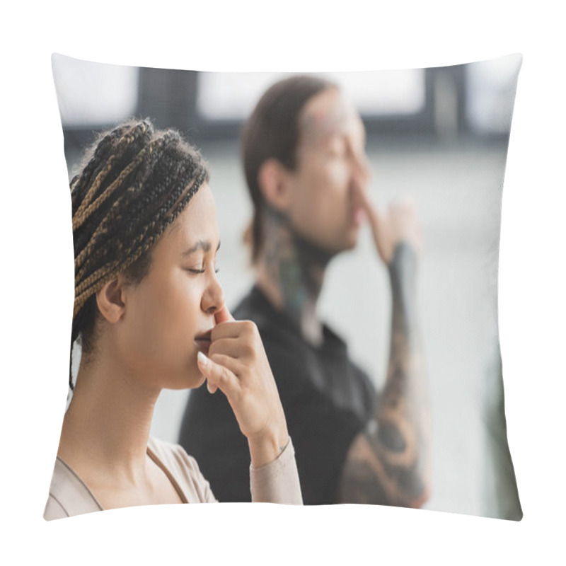 Personality  Young African American Woman Practicing Nostril Breathing In Yoga Class  Pillow Covers