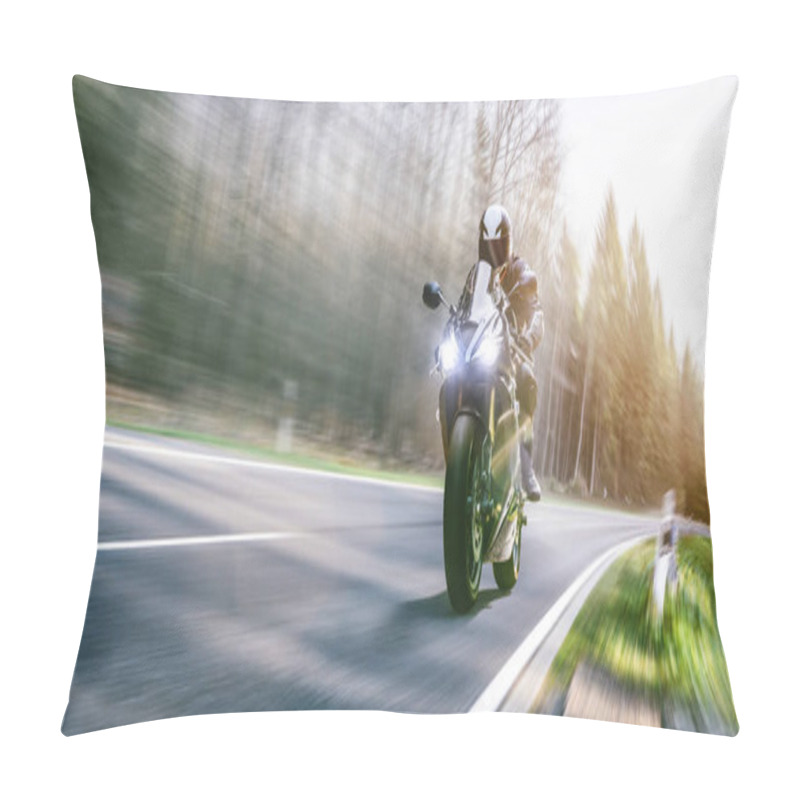 Personality  Motorbike On The Road Riding. Having Fun Driving The Empty Road On A Motorcycle Tour Journey. Copyspace For Your Individual Text. Pillow Covers