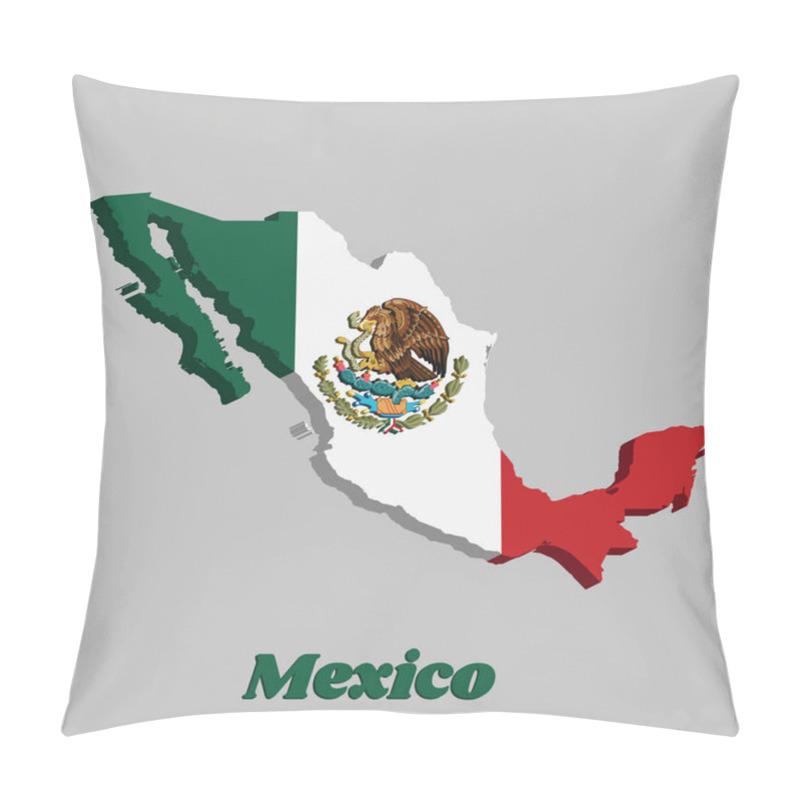 Personality  3D Map Outline Of Mexico And The Country Name, A Vertical Tricolor Of Green White And Red With The Nation Coat Of Arms Centered On White. Pillow Covers