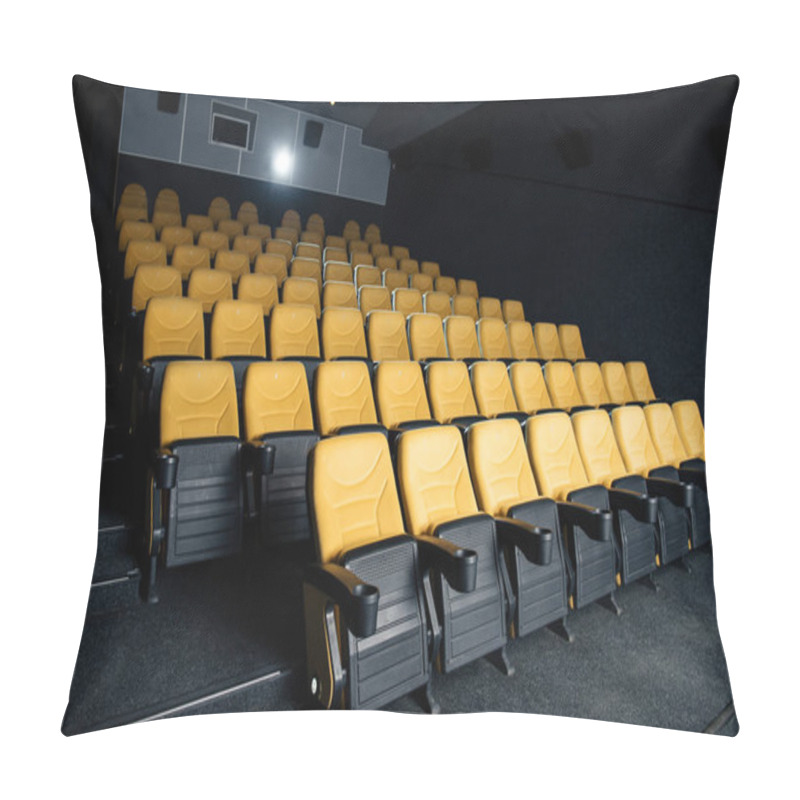 Personality  Dark Cinema Hall With Comfortable Empty Seats With Cup Holders Pillow Covers