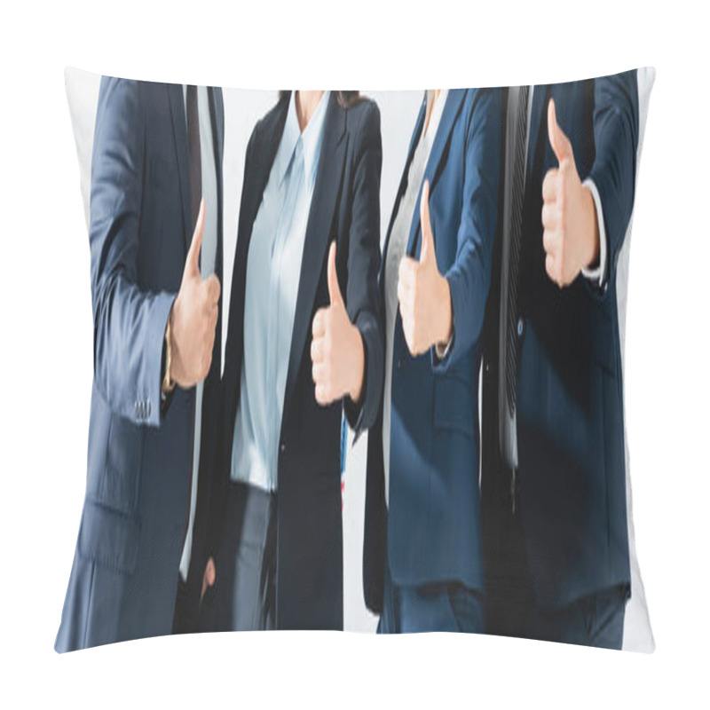 Personality  Cropped View Of Women And Men In Formal Wear Showing Thumbs Up While Standing Together, Banner Pillow Covers