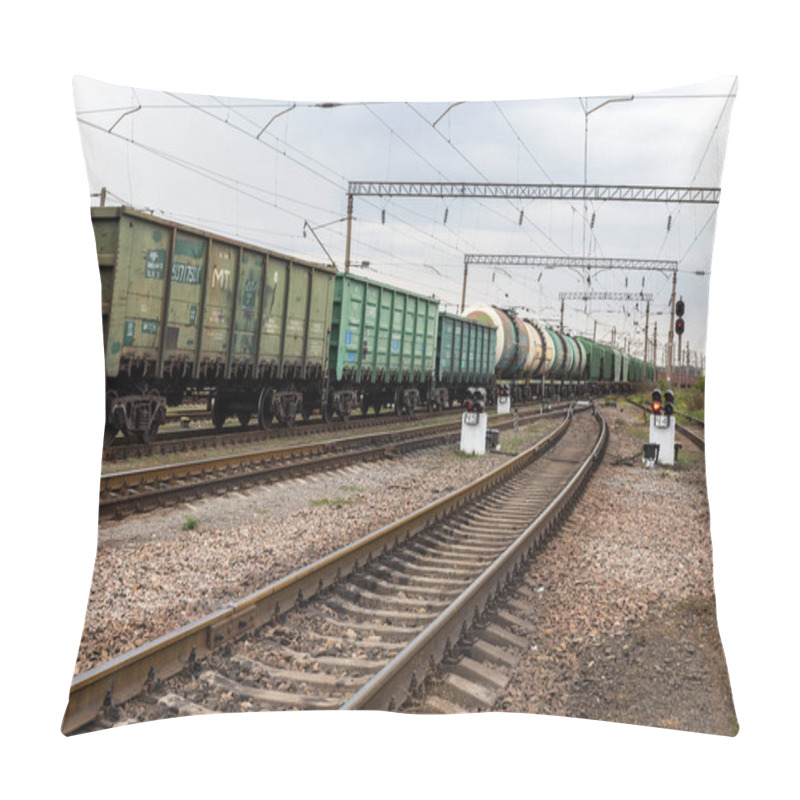 Personality  Odessa, Ukraine - September 28 2015: The Movement Of Freight Trains On The Ukrainian Railways. Railway Interchange. Signs On The Railway. Railway Traffic Lights. Change The Way. Pillow Covers