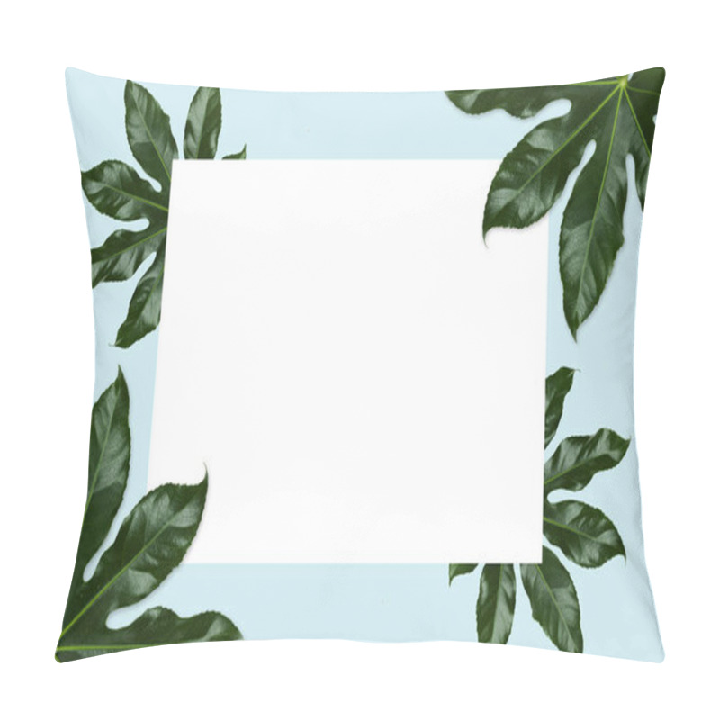 Personality  White Blank Space And Green Leaves Over Blue Pillow Covers