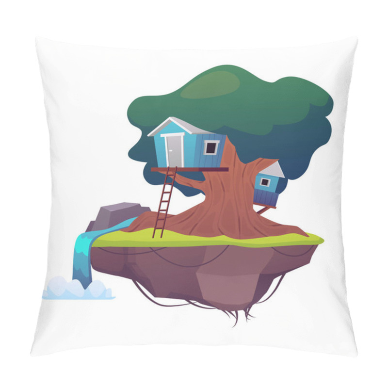 Personality  Game Island With Huts On The Tree Trunk In The Sky. Vector Flat Cartoon Cute Fairy Tale Village House With Stairs. Rural Village Wooden Dwelling On Floating Rock Land With Waterfall Pillow Covers