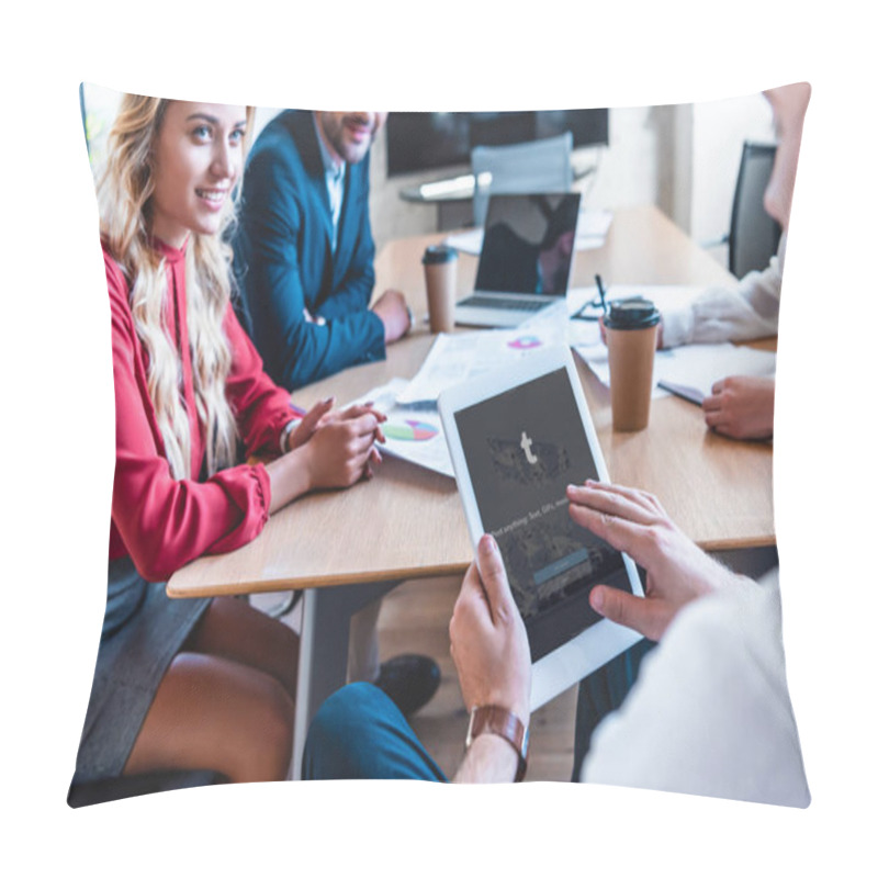 Personality  Partial View Of Businessman Using Tablet With Tumblr Logo On Screen While Sitting At Table With Colleagues In Office Pillow Covers