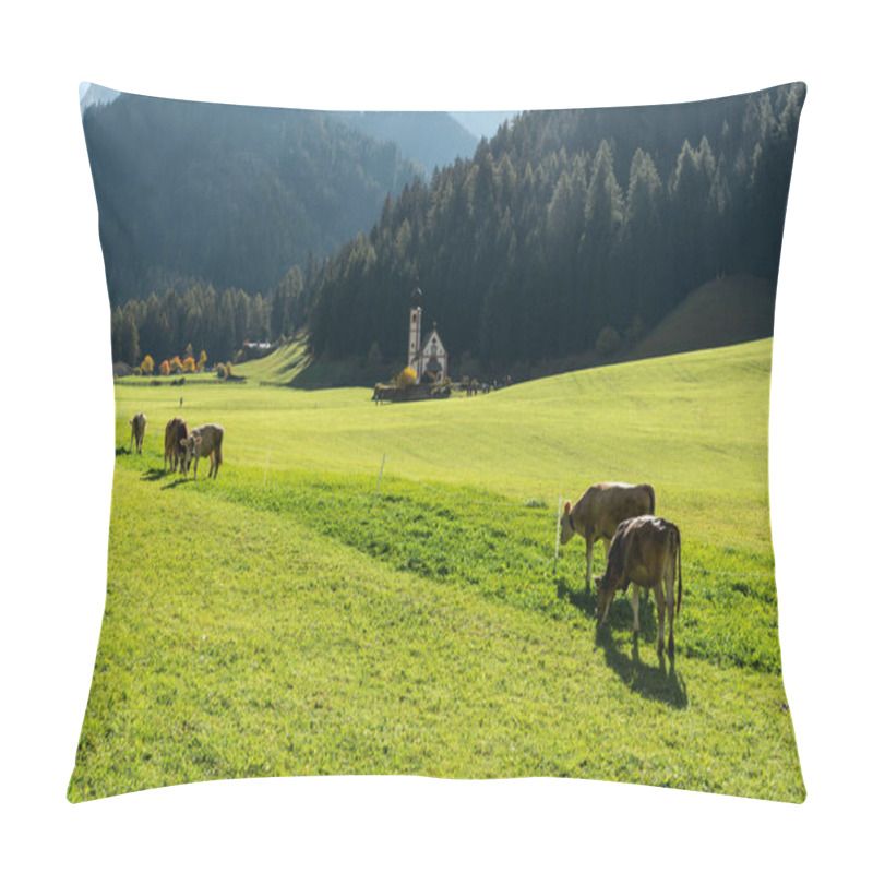 Personality  A Picturesque Landscape At Lago Di Braies, Featuring Cows Grazing In Lush Green Fields Surrounded By Mountains. Pillow Covers