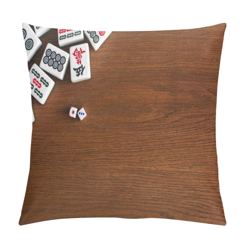 Personality  KYIV, UKRAINE - JANUARY 30, 2019: Top View Of Dice Pair Near Mahjong Game Tiles On Wooden Table Pillow Covers