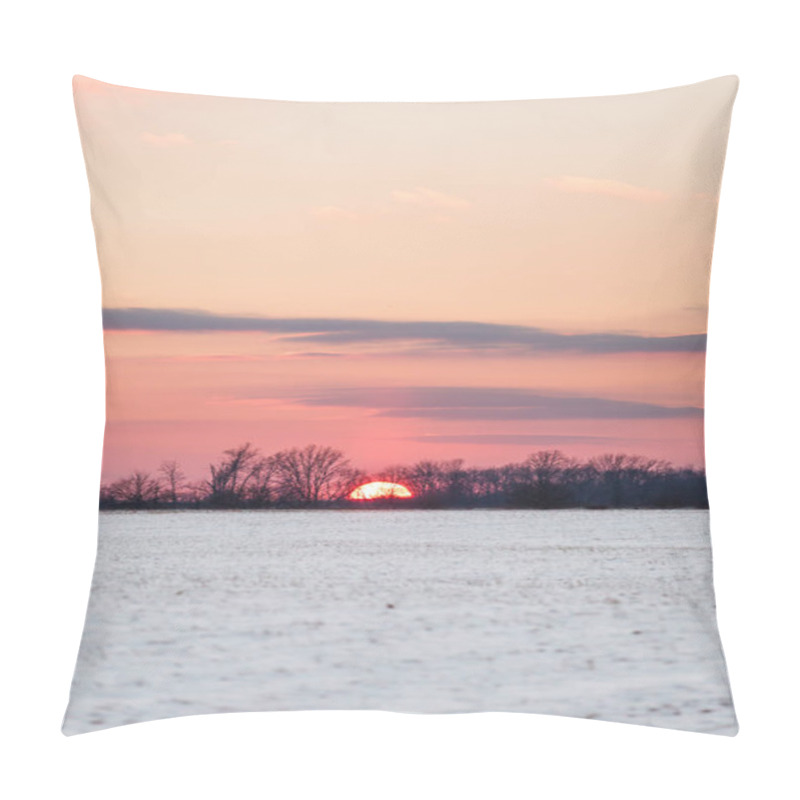 Personality  Crimson Sunset Over Snowy American Corn Fields In Winter With Blue Sky - Indiana USA Pillow Covers