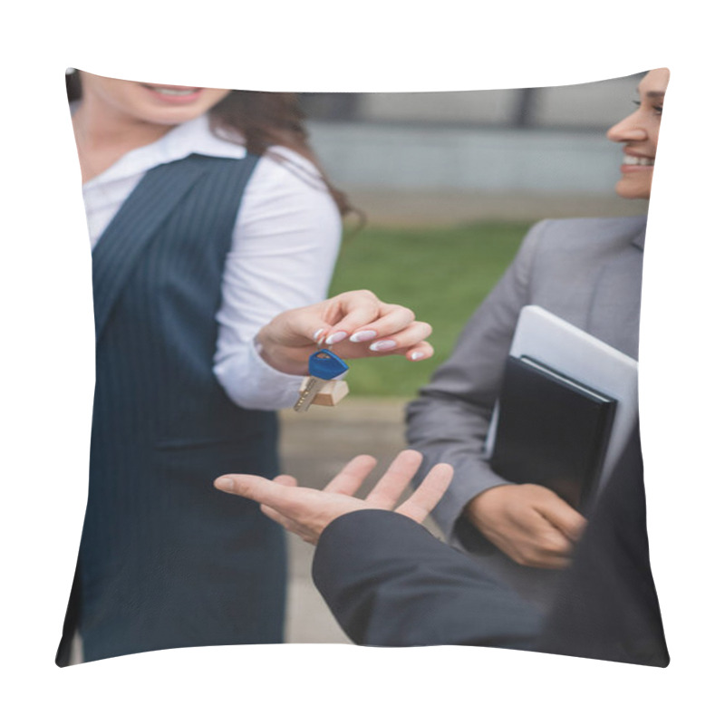 Personality  Blurred Real Estate Agent Giving Key To Businessman Near His Smiling African American Colleague Pillow Covers