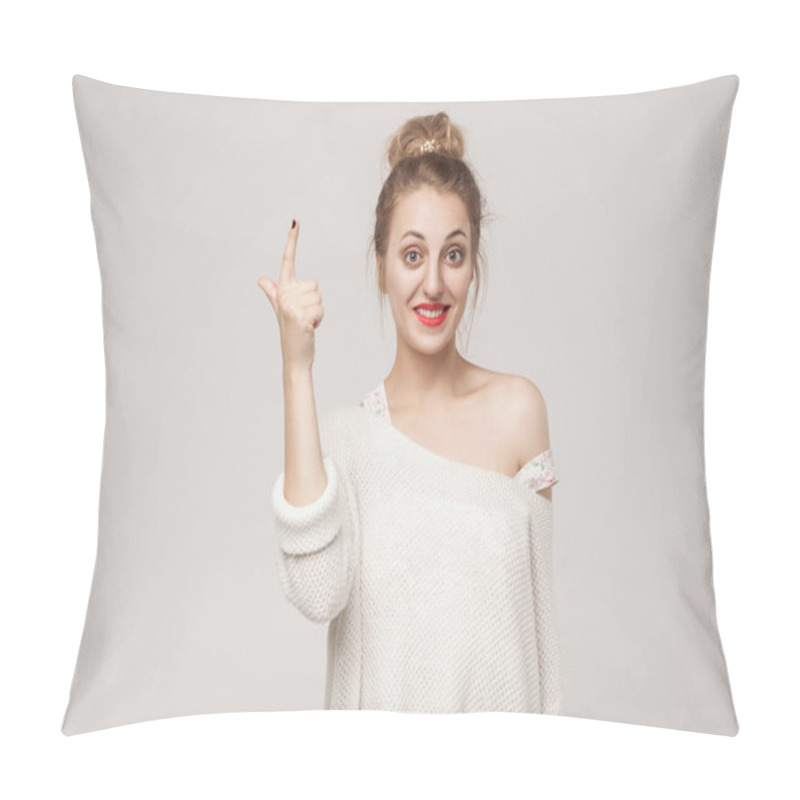 Personality  Great Idea! Young Adult Woman Finger Up. Idea Sign. Studio Shot Pillow Covers